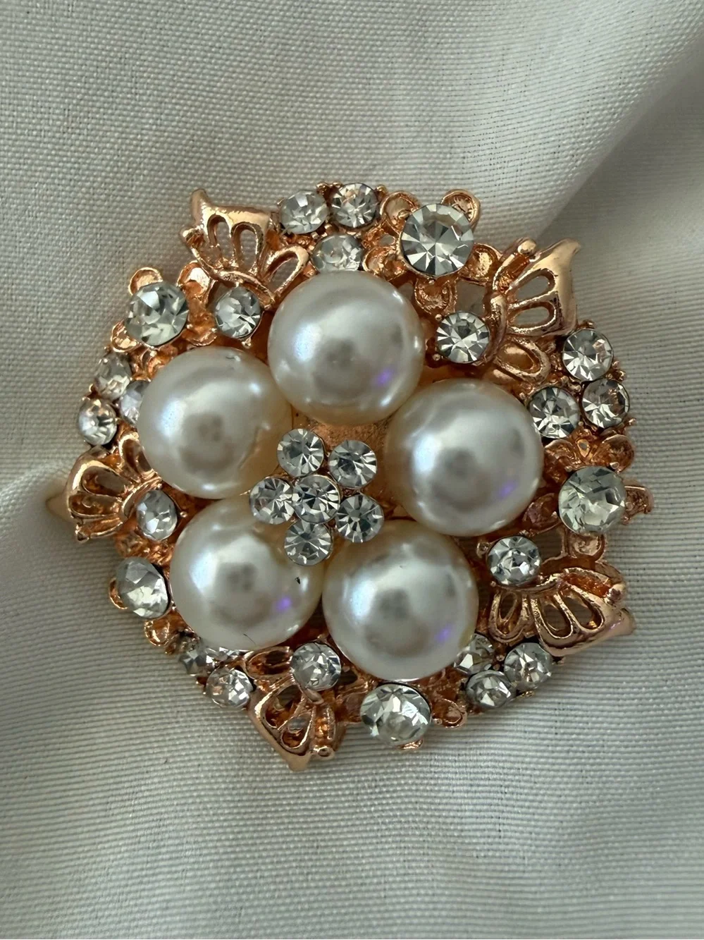 Gold-Tone Pearl & Crystal Flower Brooch